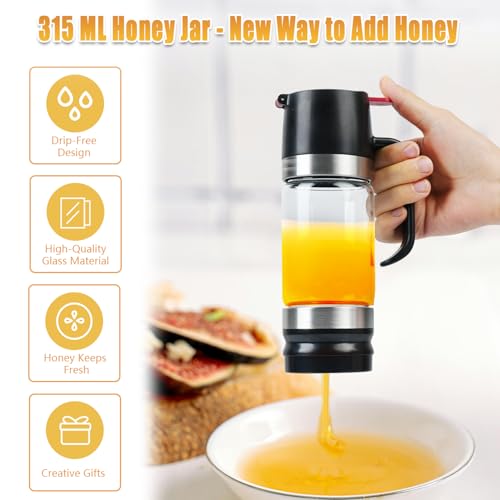 Ecopandy Honey Dispenser No Drip with Base 2025 Upgrade, 12OZ Glass Honey Jar pot with Handle, Syrup Dispenser for Coffee or Tea, Mess Free Honey Dispenser for Honey and Syrup, Honey Container #1