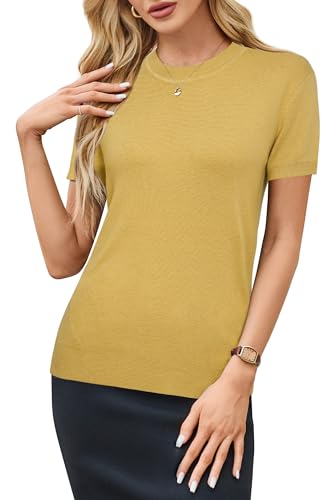 Image of Arach&Cloz Women's Lightweight Wool Blend Short Sleeve Sweater Top Business Casual