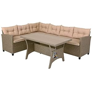 Casaria® Polyrattan Ecklounge Set WPC Esstisch Ecksofa inkl. 7cm Sitzauflagen 15cm Kissen Wetterfest Outdoor Lounge Garten Terrasse Balkon Möbel Beige
