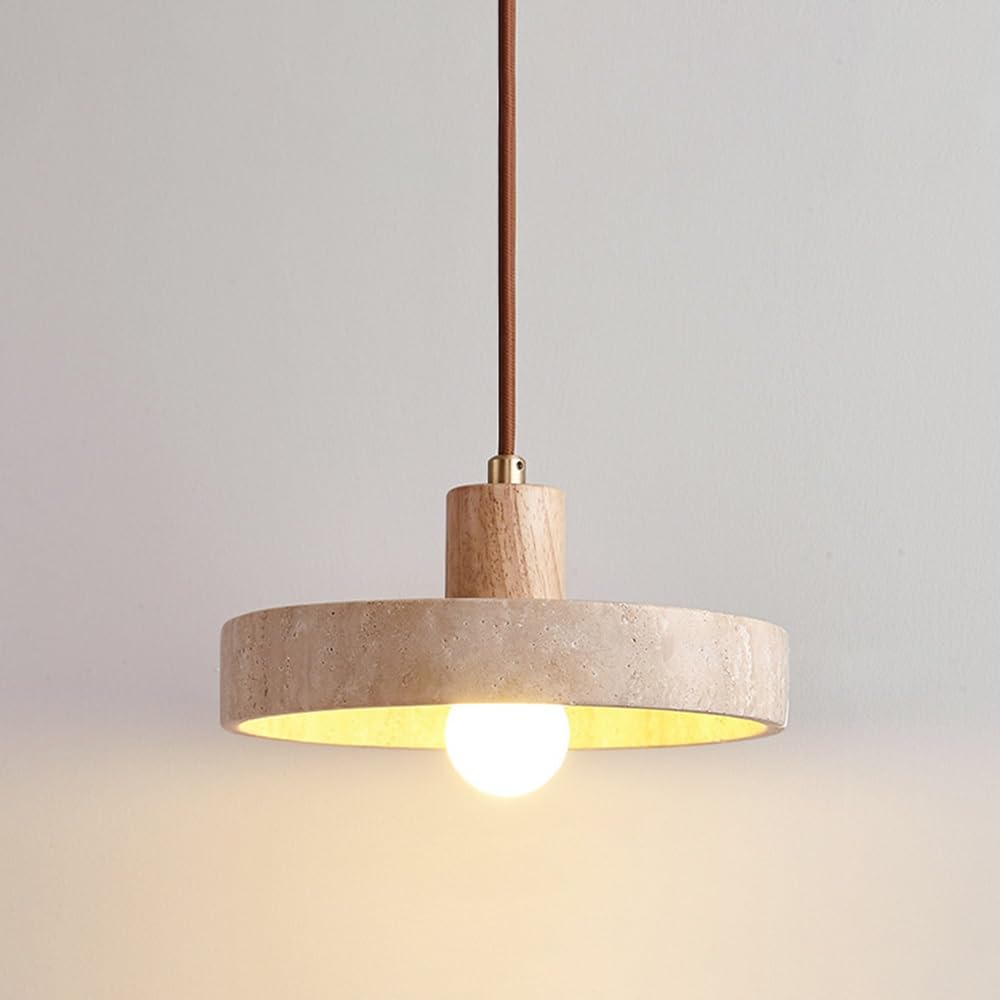 Nordische Naturstein-Pendelleuchte, Wabi Sabi gelbe Travertin- und Holzdecken-Hängelampe, Mid-Century Modern Marmor-Pendellampe for Kücheninsel, Esszimmer, Schlafzimmer(Wood)