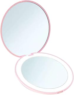 Mini LED Pocket Mirror, Small Vanity Mirror with Light, Compact, Foldable, Double-Sided Round Pink
