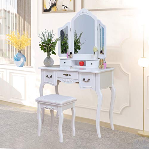 image for Printasaurus [US in Stock] Vanity Table Set with 5 Drawers Tri-Folding