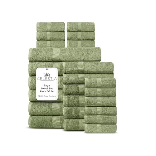 Villa Celestia 24-Piece 100% Cotton Towel Set 6 Bath Towels 6 Hand Towels 12 Wash Cloth Quick-Dry Sage