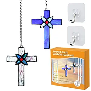 Stained Glass Window Hangings Handmade Cross Sun Catcher Ornament Crafts for Christmas Thanksgiving Birthday Gift
