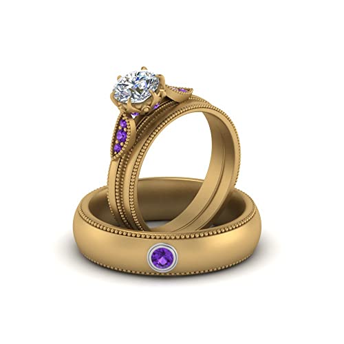 Image of Choose Your Gemstone Milgrain Matching Wedding Set for Couples Yellow Gold Plated Round Shape Wedding Ring Sets Matching Jewelry Wedding Jewelry Easy to Wear Gifts US Size 4 to 12