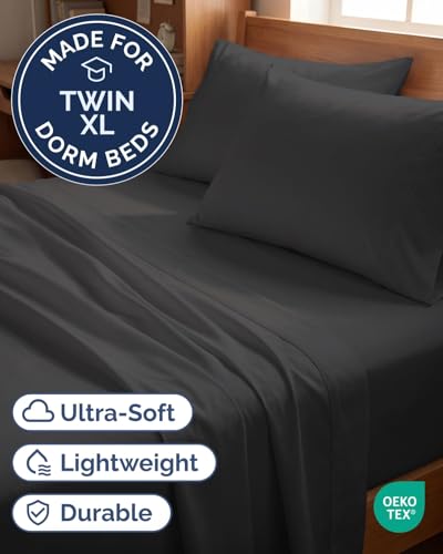 Image of Twin XL 4 Piece Sheet Set - College Dorm Room Essentials - Charcoal | Ultra Soft Dorm Bedding Set, 8 inch to 16 inch Inch Deep Pockets, 1 Flat & 1 Fitted Sheet & 2 Pillowcases, Wrinkle & Fade Free
