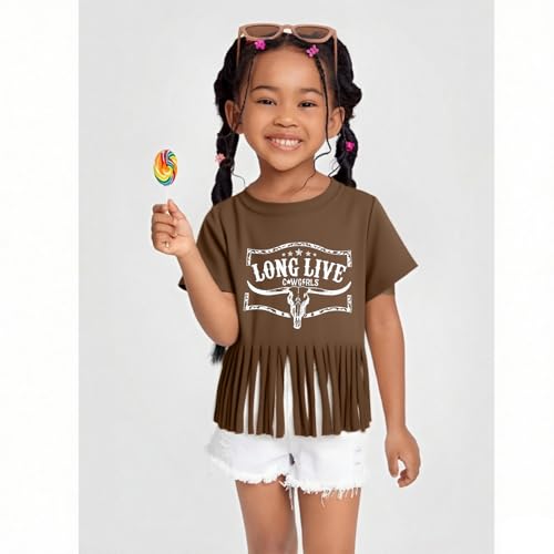 Image of Girls Western Shirt Cowgirls Embroidered Country Concert T Shirt Graphic Horseback Rider Tassel Fringe Tee Tops