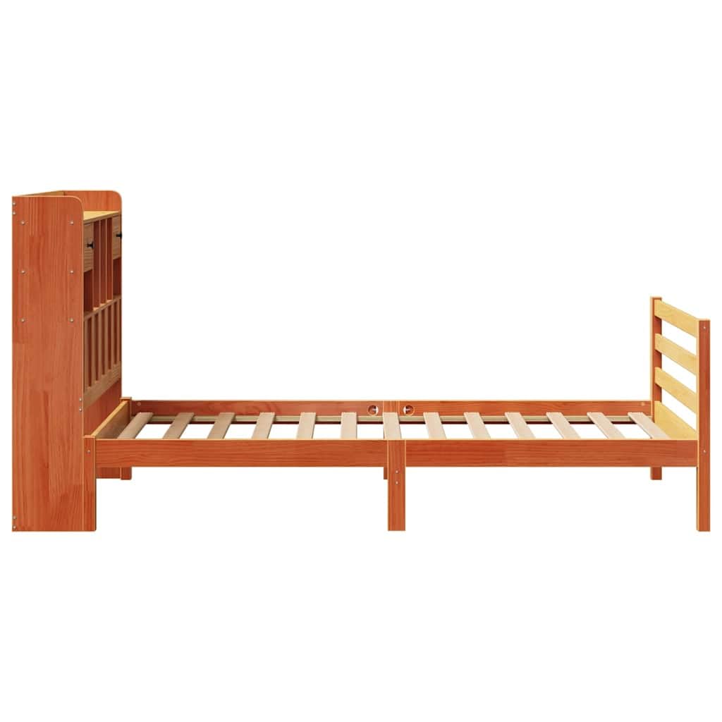 lite drewno sosnowe z regałem zagłówek 75x190 cm brąz | Łóżko z regałem i szufladami, sosnowe, woskowy brąz, 75x190 cm, bez materaca, z listwowym stelażem, zagłówek z półkami