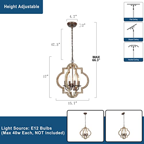 Finexpect Orb Farmhouse Chandelier 4-Light Handmade Wood Chandeliers Rustic Vintage Chandelier Light Fixtures For Dining Room Living Room Foyer Bedroom Kitchen Island Entryway, 15.7” Dia #TOP2