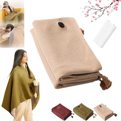 Portable Heated Shawl, Portable Soft Zipper Electric Heated Blanket Shawl, Heated Shawl Wraps for Women, Portable Heated Shawl, Heated Blanket USB Powered, Heated Blanket Portable (Apricot+PowerBank)