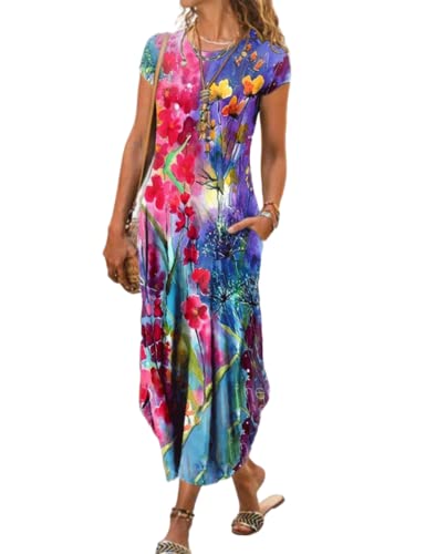 Image of Women Summer Casual Maxi Dress Floral Printed Loose Pockets Short Sleeve Split Boho Dresses