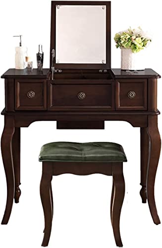Commode - ensemble de commode flip - commode en bois massif vintage avec LED Tabouret de piédestal miroir 3 tiroirs de rangement for la chambre à coucher des bijoux organisateur de bijoux noir 100 cm