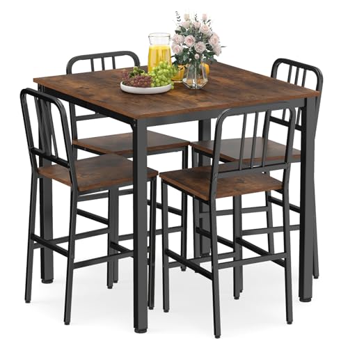 COSTWAY Table de Salle à Manger avec 4 Chaises, Table Haute Cuisine et 4 Tabouret Bar avec Dossiers Inclinés, Cadre en Métal, Mange Debout pour 4 Personnes,...
