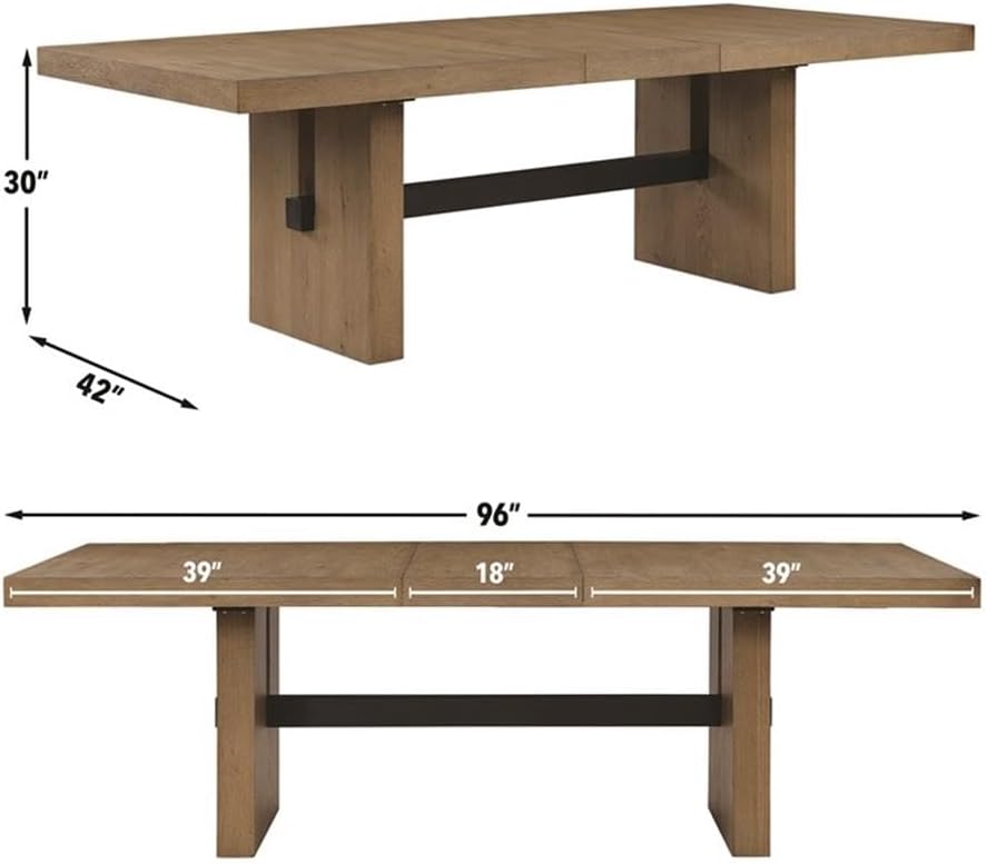Pemberly Row Contemporary Dining Table, 78-96 in with 18 in Leaf, Acacia Wood and Veneer, Driftwood Brown Finish, Black Stretchers, Seats Up to 10, Modern Lodge Style for Dining Room