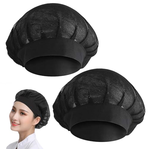 Visxcnu 2 Piezas Gorro de Chef Redecilla Negra para Cocina Servicio de Alimentos,Media Malla Elástica Transpirable para Panadero, Mujer, Catering, con Sombrero de Chef con ala