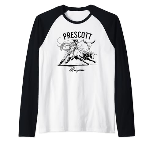 Prescott Arizona Rodeo Bull Rider Steer Wrangler Cowboy Raglan Baseball Tee