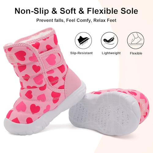 QFH Boys Girls Snow Boots Water-Resistant Outdoor Warm Cozy Anti-Slip Mid Calf Faux Fur Lining Insulated Winter Shoes Rose Red Heart Size 6 Toddler by QFH - Image 3