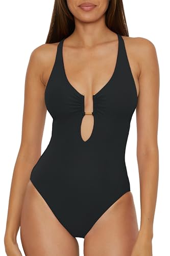 Becca Modern Edge - Women's One Piece Swimsuit, Plunge Neck, Adjustable, Tie Back, Bathing Suits for Women, Black, Large
