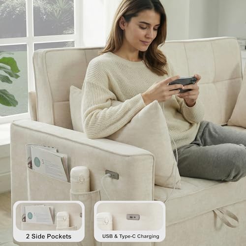 Tbfit 57" Chenille Convertible Sofa Bed, Full Size Loveseat Sleeper Sofa with USB & Type-C Port, Adjustable Backrest Loveseat for Living Room, Home Office, Apartment, Guest Room, White — view 3