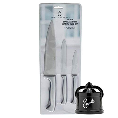 Emeril Lagasse 3-Piece Stainless Steel Kitchen Knife Set (Small Handles) - 8 Chef Knife, 5 Serrated Utility Knife, 3.5 Paring Knife + Countertop Sharpener (Black) - Slice Fruit & Meat Effortlessly
