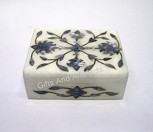 Gifts And Artefacts Joyero de mármol con incrustaciones de nácar de 4 x 3 pulgadas, caja blanca para almacenamiento de accesorios de oficina