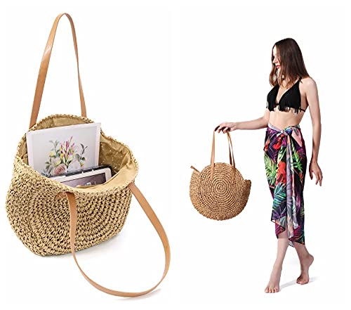 Ayliss Women Straw Woven Tote Handbag Large Beach Handmade Purse Shoulder Bag Straw Beach Handbag (Round Khaki #2) #TOP4