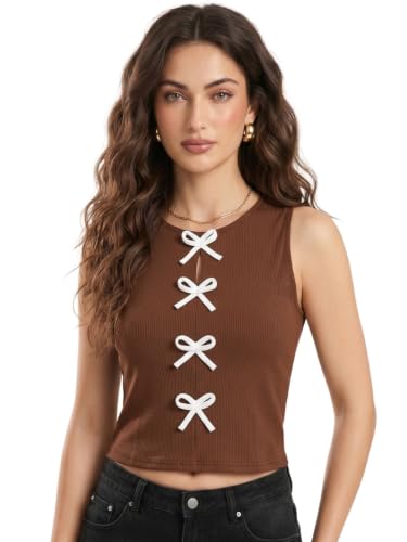 Image of Selvia Ribbed Bow Detail Sleeveless Crop Tops for Women Western