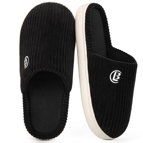 LongBay Women's Corduroy Slippers Cozy Memory Foam Slip On House Shose Indoor Outdoor Black, 7-8
