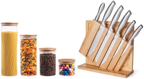 EatNeat 8PC Stainless Steel Chef Knife Set w/Bamboo Cutting Board & 4PC Airtight Glass Kitchen Canisters w/Bamboo Lids