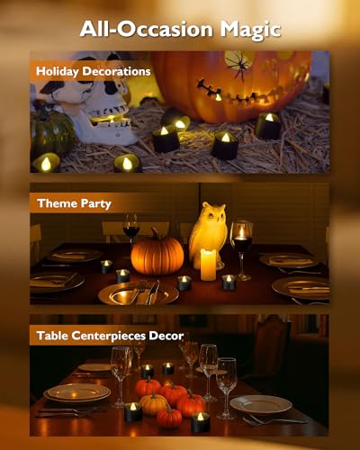 Homemory Black Tea Lights Candles Battery Operated, 200+Hour Flameless Flickering Fake Electric LED Colored Tealights Candles for Halloween, Theme Party, Wedding Table Decor, Holiday Decor, 12-Pack