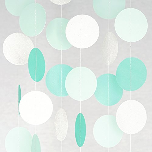 Circle Dots Paper Party Garland Streamer Backdrop (10 Feet Long) - Aqua, Mint, Pearl White Glitter