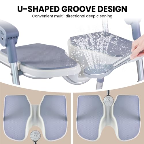 Medwarm Folding Shower Chair, U Shape Shower Chair with 5-Level Adjustable, Non-Slip Feet for Private Washing, Elderly, Disabled, Seniors & Pregnant, Heavy Duty Shower Chair