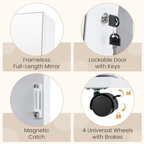 CHARMAID Jewelry Cabinet Armoire with Wheels, 64\" H Full Length Mirror, 3-Color LED Lights, Height Adjustable Shelves, Lockable Standing Jewelry Organizer with Back Storage Shelves (White) - Thumbnail 7