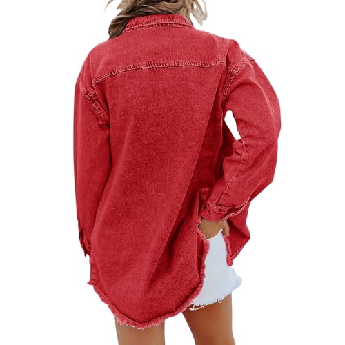 Jean Jackets for Women Oversized Button Up Frayed Hem Shacket Casual Long Sleeve Denim Jean Jackets Coat with Pockets3