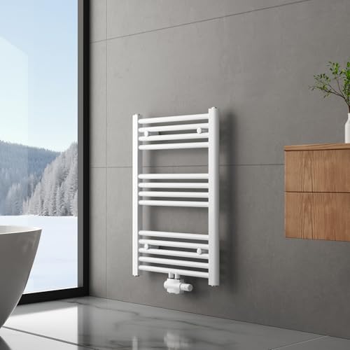 Heilmetz Toallero Agua Caliente 700mm x 500 mm, Radiador Toallero Baño, Calefacción para Baño, Secador Toallas, Estufa de Pared, Conexión Central, Blanco