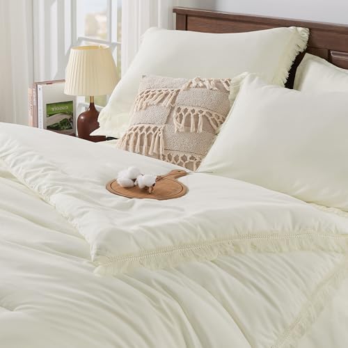 Image of Andency Ivory Full Size Comforter Set with Sheets - 7 Pieces Boho Tassel Bed in a Bag Soft Lightweight Bedding Sets, Ivory Fringe Bed Set with Comforter, Sheets, Pillowcases & Shams