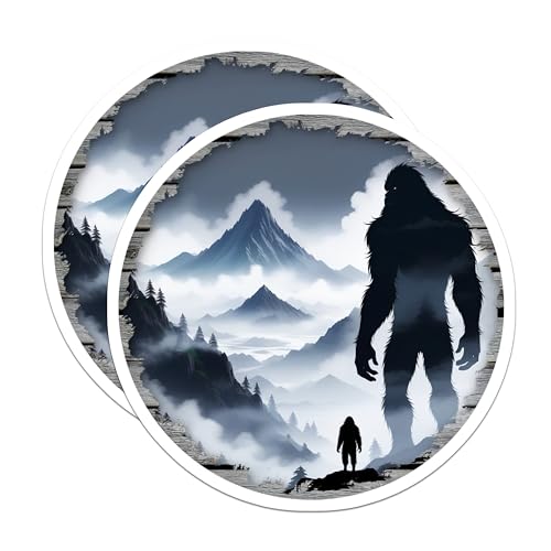 (2 Pack) Bigfoot Stickers - Sasquatch Mountain Landscape - Cryptid Wilderness Creature Adventure Decals for Outdoors - 5" On Longest Side - Sticks to Smooth Flat Surfaces - Made in USA - BMCS26452