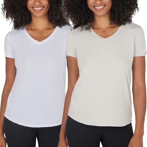 90 Degree By Reflex Short Sleeve Top V-Neck Soft Gym Shirt for Women | 2 Pack | Heather Nacreous Cloud/White | Medium