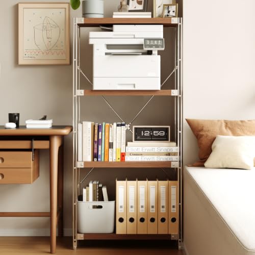 Image of 4-Tier Industrial Bookshelf, Wood and Metal Shelf Unit, Storage Bookcase