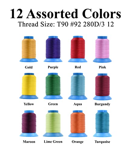 Mandala Crafts Tex 90 Bonded Nylon Thread For Sewing - 2400 Yds T90 Heavy Duty 12 Vibrant Colors Nylon Thread Size 92 280 D Upholstery Thread For Leather Jeans Weaving #TOP1