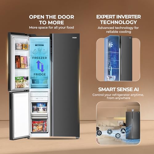 Image of Haier 598L 3 Star 3-Door Side by Side Frost Free Refrigerator|Convertible|Wi-Fi|Expert Inverter Compressor|Digital Display Panel|Triple Twist Ice Maker|Deo Fresh Technology(HRT-683GKU1,Graphite Black)