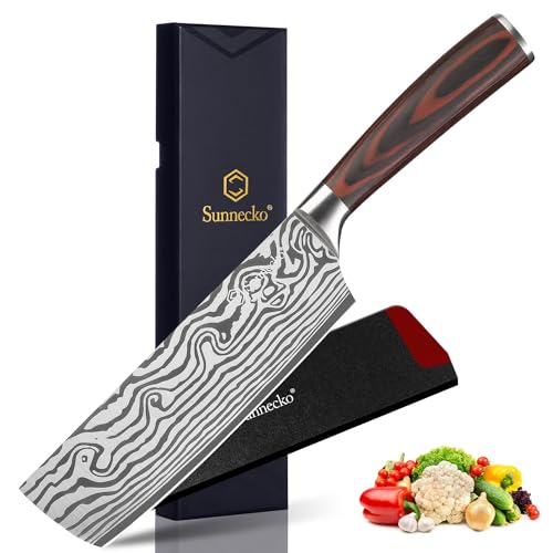 Sunnecko Couteau Nakiri Cuisine 18cm avec Protection de Lame, Couteau de Cuisine Professionnel pour Viande Légume Plat Asiatique, en Acier Inoxydable