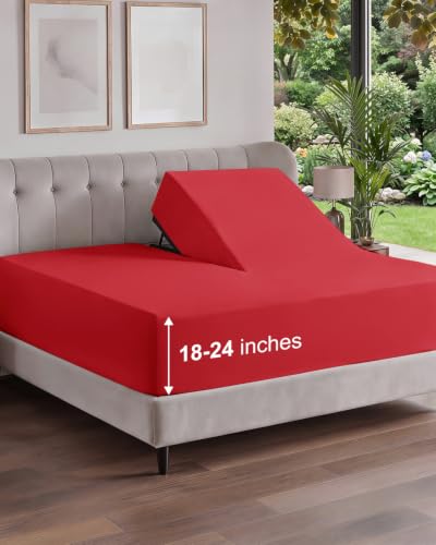 Image of Extra Deep Flex Top Split Head King Fitted Sheet - Hotel Luxury Single Fitted Sheet Only - Easily Fits 18 inch to 24 inch Mattress - Ultra Soft, Wrinkle Free w /Extra Deep Pockets - Red