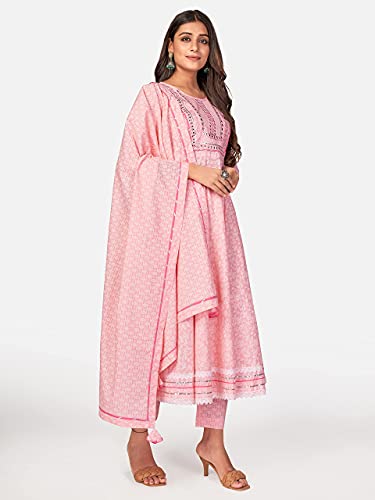 Image of Vbuyz Women's Printed & Handwork Anarkali Cotton Kurta with Pant & Dupatta | Kurta Set For Women | Suit Set For Women | Kurti Dress Set | Cotton Fabric Set