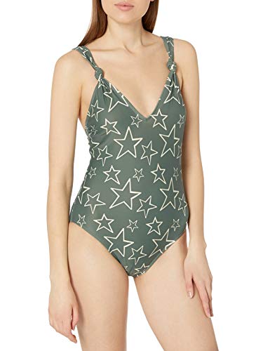 Amazon Brand - Mae Women's Swimwear Knot Strap Deep V One Piece Swimsuit (for A-C cups),Stars Print,Medium