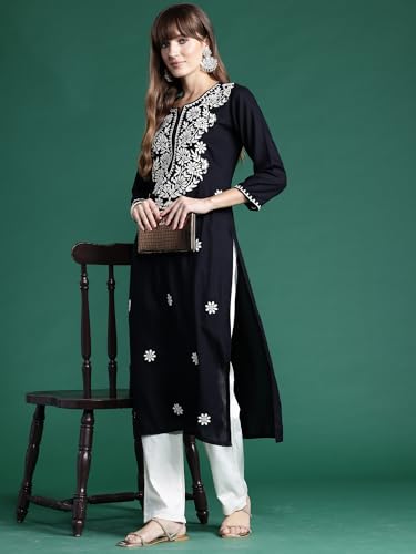 Image of INDO ERA Womens Straight Embroidered Chikankari Kurta