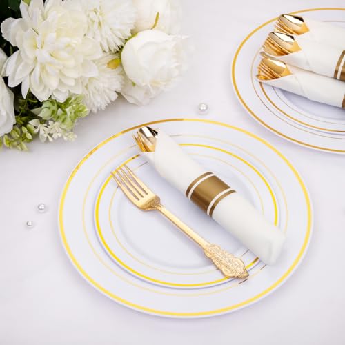 Nervure 400PCS Pre Rolled Gold Plastic Silverware Sets - Heavy Duty Fancy Gold Cutlery - Include 100 Pack Wrapped Disposable Utensils with Napkins for Parties, Dinners & Weddings