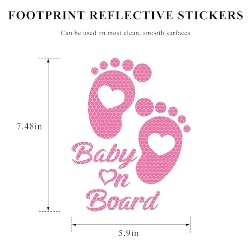 Image of Baby on Board Car Sticker, High Intensity Reflective Baby on Board Footprint Safety Warning Decal, Waterproof Kids on Board Baby in Car Feet Decal Sticker for Bumper (Pink)