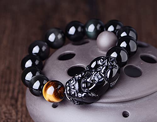 Black Obsidian Bracelet,Feng Shui Black Obsidian Wealth Bracelet for Women Men Stretch Obsidian Bracelet Bangle with Pixiu Tiger Eye Stone Attract Wealth Money and Good Luck2