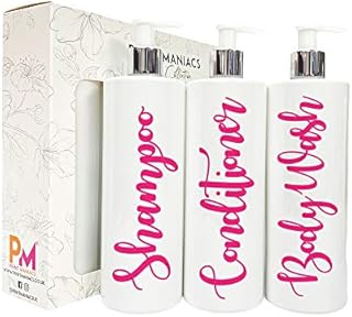 Print Maniacs 3 Set Mrs Hinch Inspired White Personalised Dispenser Pump Bottles Shampoo Conditioner Body Wash (Black)